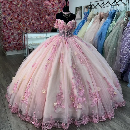Quinceanera Ball Gown Pink Lace Applique 3D Floral Flower Off Shoulder Sweet 16 Dress