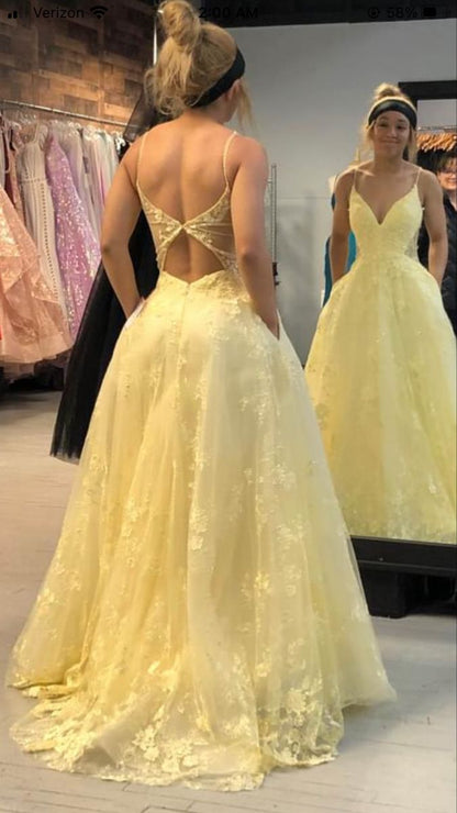 Yellow Lace Prom Dress Long Formal Dress Graduation School Party Gown