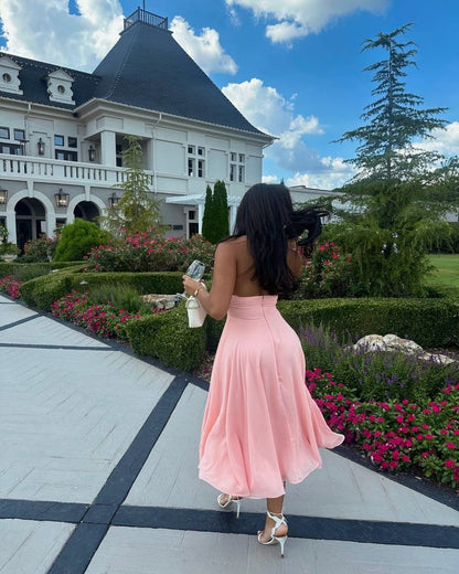 A Line Pink V Neck Evening Dresses Formal Party Dress Prom Gown