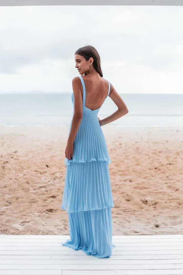 Vintage Blue Sweetheart Pleated A-Line Tiered Long Prom Dress Party Dress Evening Dress TP4401