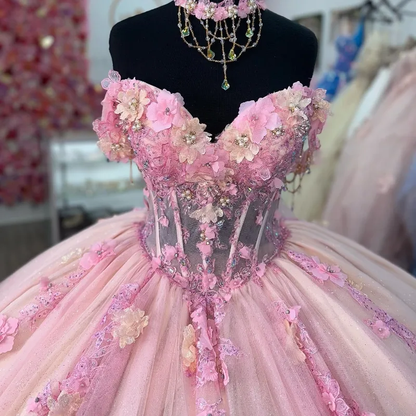 Quinceanera Ball Gown Pink Lace Applique 3D Floral Flower Off Shoulder Sweet 16 Dress