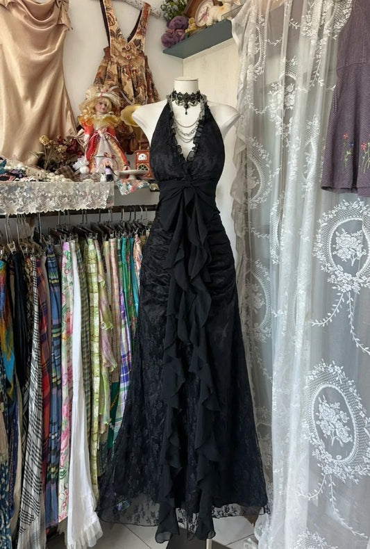 Black Halter V Neck Long Prom Dress Long Evening Gowns