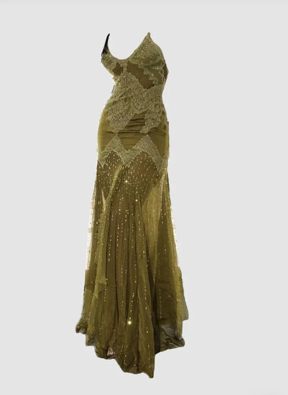 Green beaded sexy mermaid spaghetti straps long lace ball gown evening dress gh2995