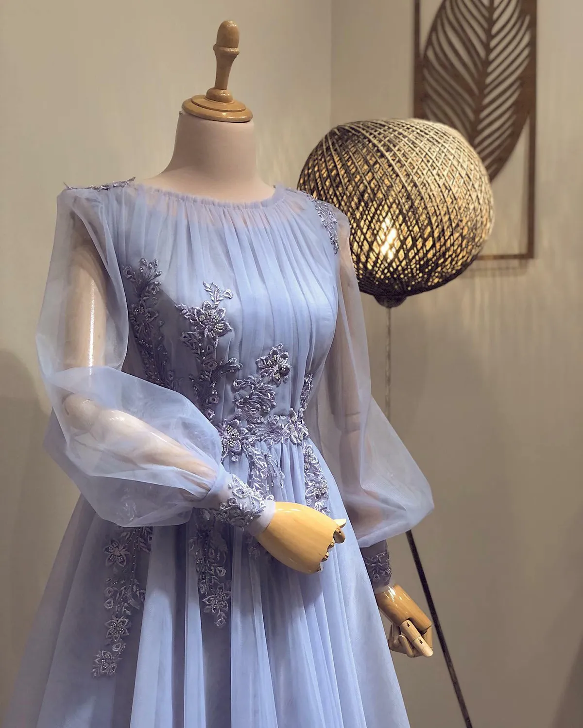 Lilac A line Prom Dresses Appliques Lace Beading Tulle Long Sleeves Formal Evening Party Gowns