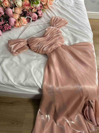 Modest A Line Strapless Silk Satin Long Pink Prom Dress Evening Gown