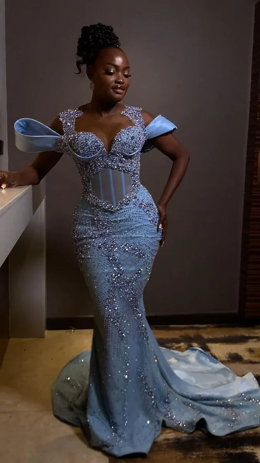 Gorgeous Sky Blue Beaded Prom Dress Long Sweetheart Evening Dress Mermaid Formal Dress TP4581