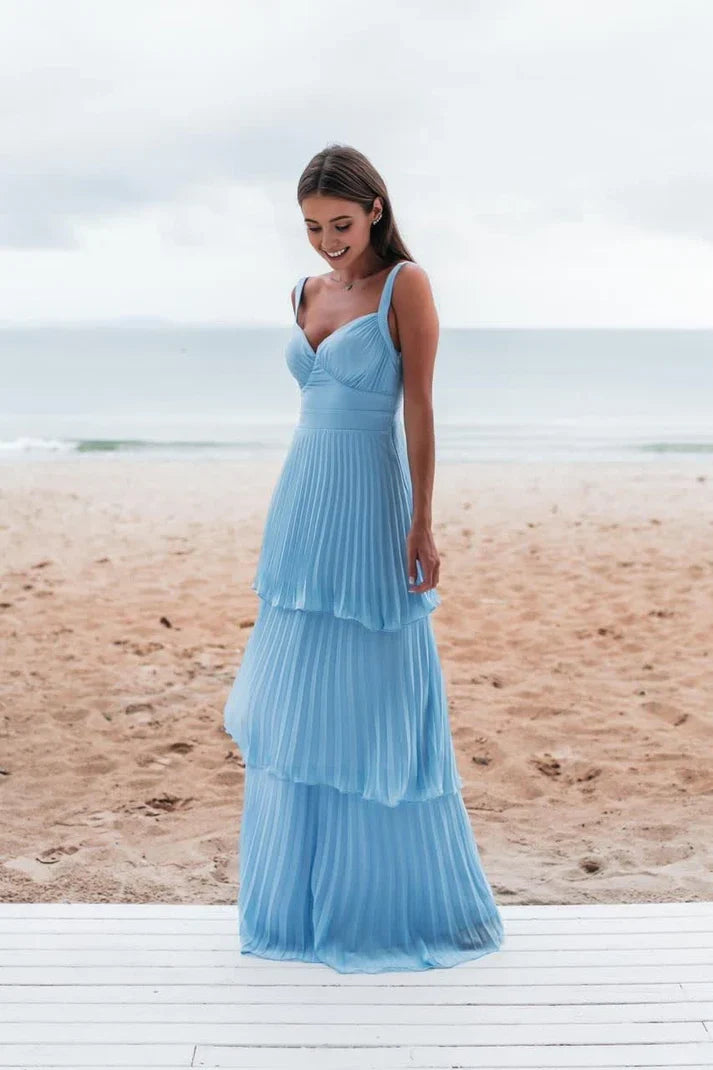 Vintage Blue Sweetheart Pleated A-Line Tiered Long Prom Dress Party Dress Evening Dress TP4401