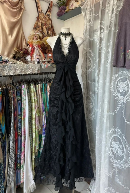 Black Halter V Neck Long Prom Dress Long Evening Gowns