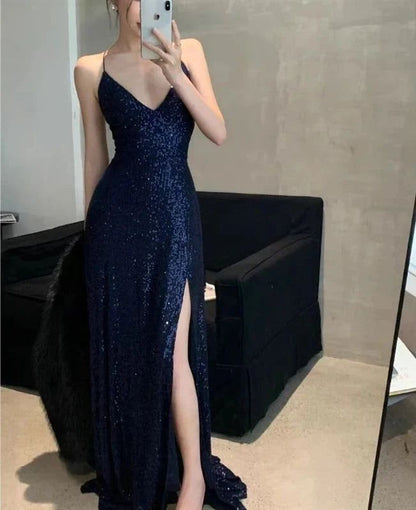 Womens Navy Sequined Slitted Spaghetti Strap V Neck Full Length Formal Gown Dress