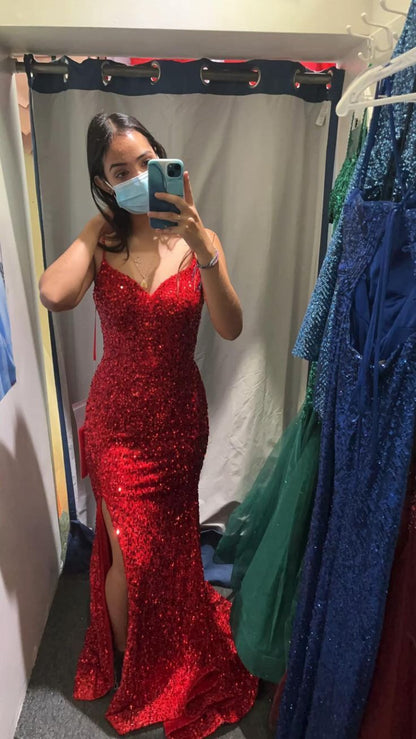 Red Sequin Prom Dress Long Formal Dress Graduation School Party Gown