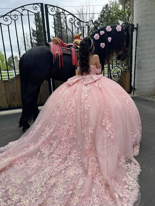 Pink Quinceanera Dress Off Shoulder Appliques Ball Gown With Bow