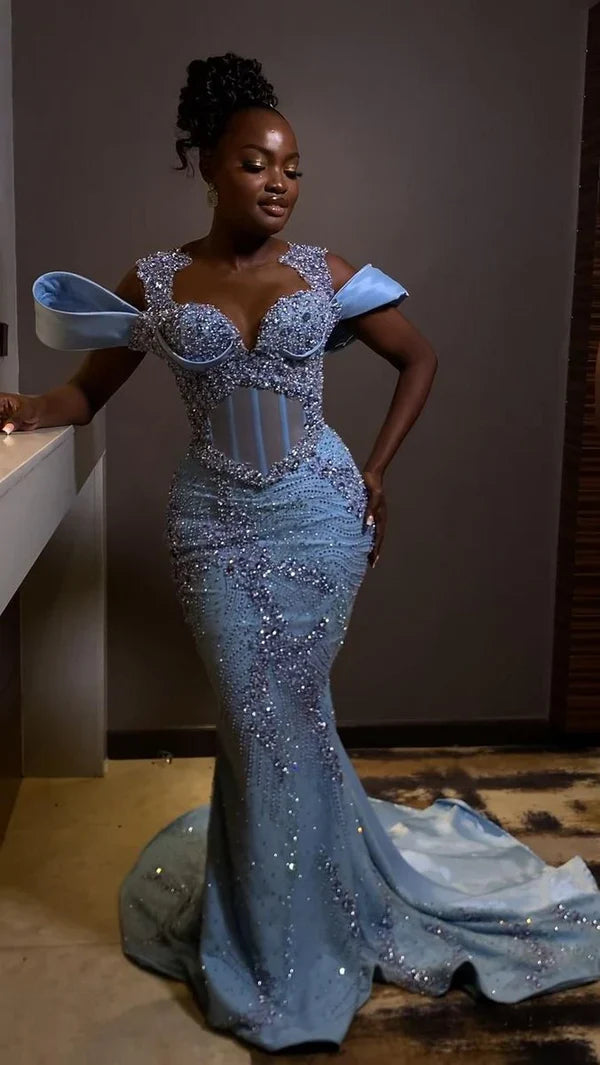 Glamorous Light Blue Beaded Mermaid Gown Off-the-Shoulder Evening Dress TP5713