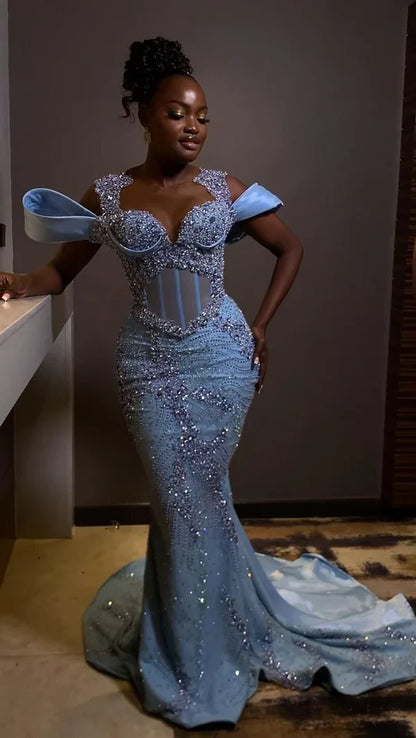 Glamorous Light Blue Beaded Mermaid Gown Off-the-Shoulder Evening Dress TP5713