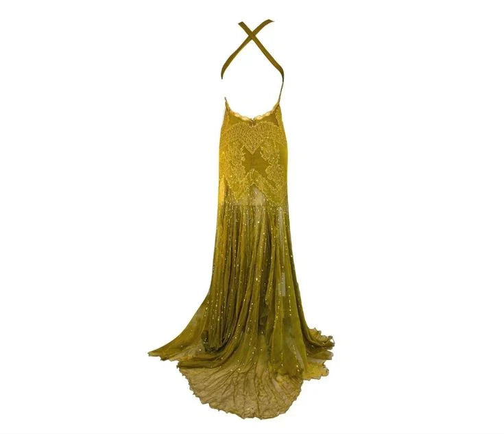 Green beaded sexy mermaid spaghetti straps long lace ball gown evening dress gh2995