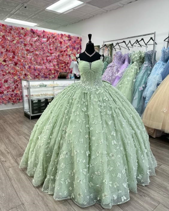 3D Butterfly Quinceanera Dresses Sage Green Ball Gowns with Crystal Corset