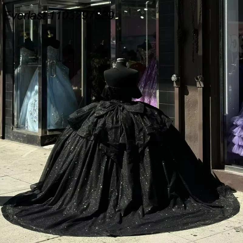 Ball Gown Shiny Black Quinceanera Dress Beaded Crystal Bow Sweet 15 Gowns