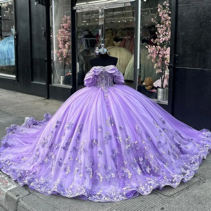 Ball Gown Luxury Off Shoulder 3D Floral Quinceanera Dress in Lilac