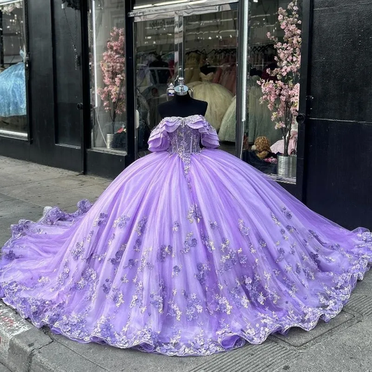Ball Gown Luxury Off Shoulder 3D Floral Quinceanera Dress in Lilac