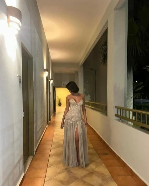 Champagne Color Sparkling Sweetheart Neck Elegant Long Slit Sequin Chiffon Ball Gown Evening Dress gh4185
