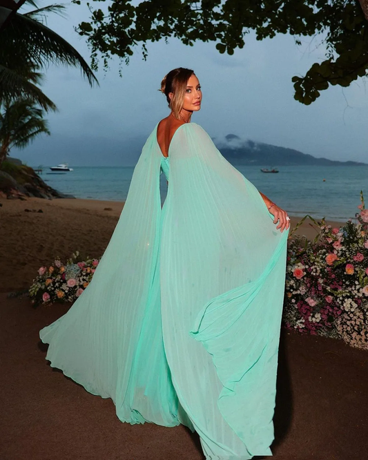 Party Dresses Elegant Mint Green Chiffon Prom Dress A Line Long Cape Sleeves Floor Length Formal Evening Gowns