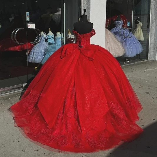 Princess Ball Gown Quinceanera Dresses Red Bow Lace Appliques Beaded Sweet 16 Dress