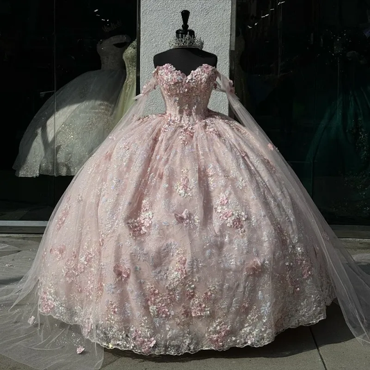 Light Pink Quinceanera Dress Off Shoulder Lace Appliques Ball Gown