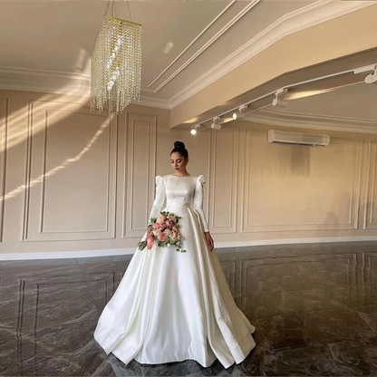 Simple wedding dress with sleeves satin ball gown