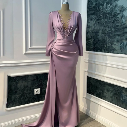 Vintage Prom Dresses Long Sleeve Illusion V neck Mermaid Evening Dress Floor Length Saudi Arabia Cocktail Party Gowns