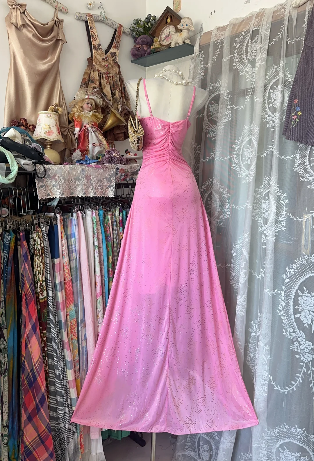 Vintage Hot Pink Glitter Ruched High Low Hem Spaghetti Strap A-Line Prom Dress TP5859