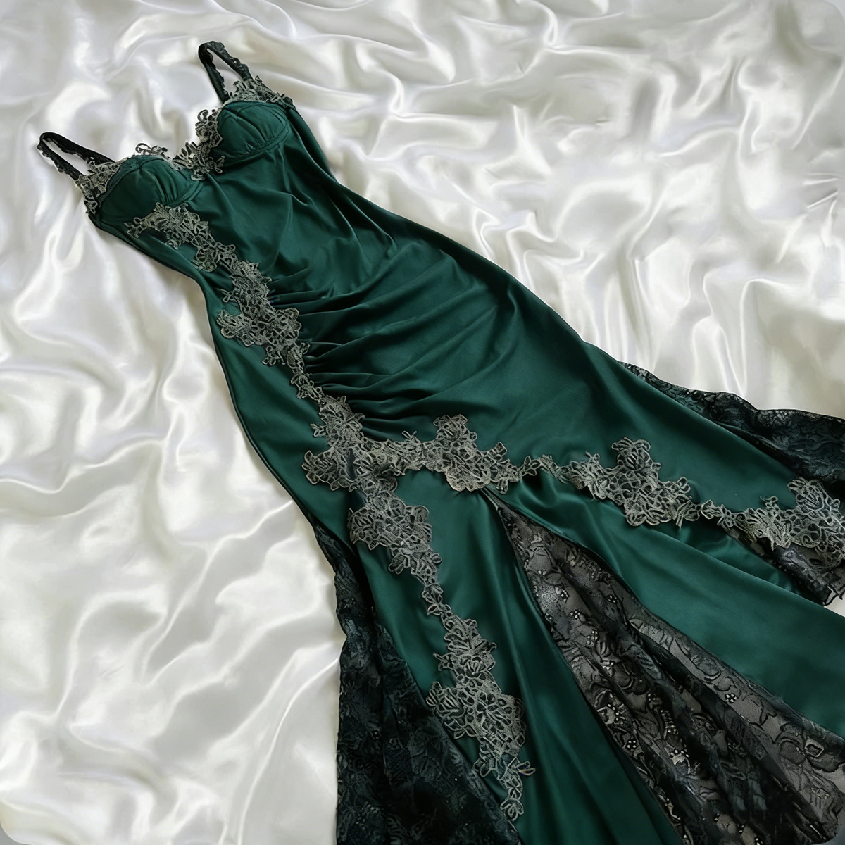 Vintage Navy Blue Satin Lace Appliques Mermaid Evening Dress Prom Dress Y8497