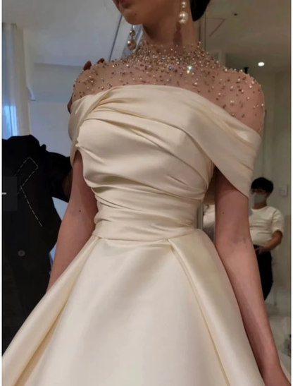 Elegant A-Line Evening Gown Elegant Dress Formal Floor Length Short Sleeve Illusion Neck Satin with Ruched Beading Prom Dress C3284