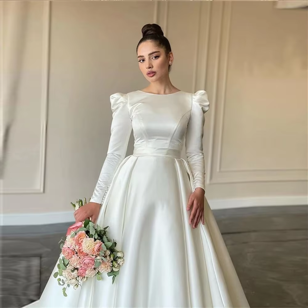 Simple wedding dress with sleeves satin ball gown
