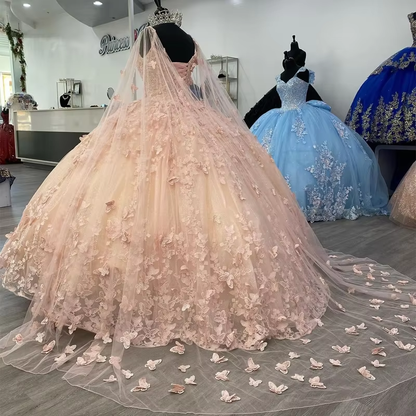 A Line Light Pink Tulle Prom Dress Puffy Quinceanera Dresses Ball Gown