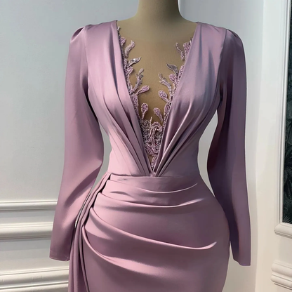 Vintage Prom Dresses Long Sleeve Illusion V neck Mermaid Evening Dress Floor Length Saudi Arabia Cocktail Party Gowns