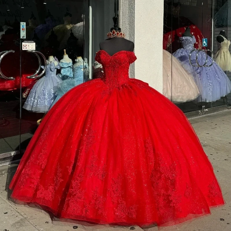 Princess Ball Gown Quinceanera Dresses Red Bow Lace Appliques Beaded Sweet 16 Dress