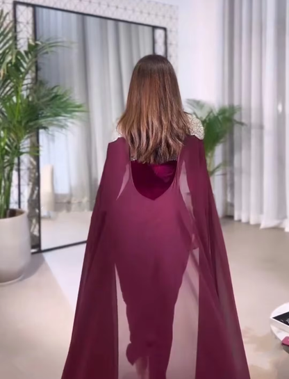 Elegant Middle East Prom Dresses with Chiffon Cape Spaghetti Straps Long Sleeve Evening Gowns Formal Occasion Party Dress