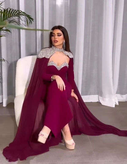 Elegant Middle East Prom Dresses with Chiffon Cape Spaghetti Straps Long Sleeve Evening Gowns Formal Occasion Party Dress