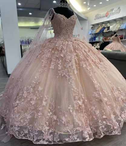 A Line Light Pink Tulle Prom Dress Puffy Quinceanera Dresses Ball Gown