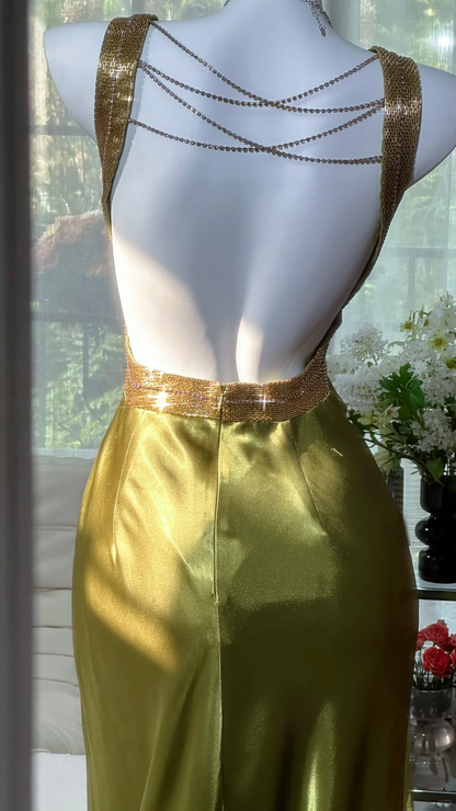 Glamorous Olive Green Satin Backless Sheath Evening Gown TP5135