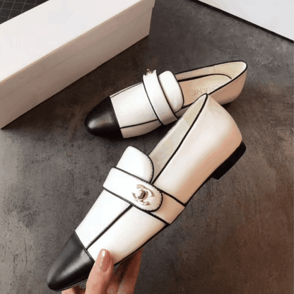 Chanel Leather CC Cap Toe Slip On Loafers White
