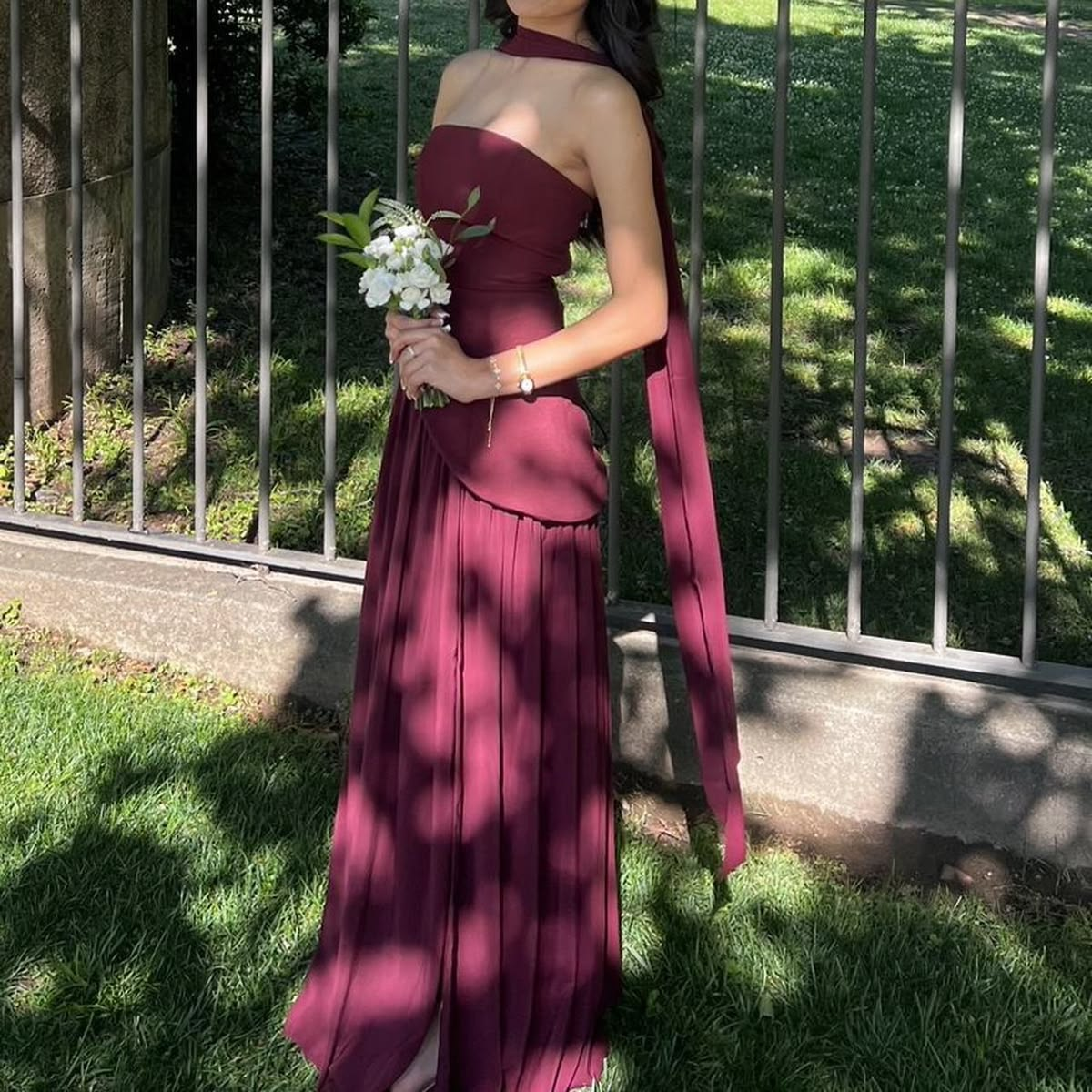 Vintage Burgundy Strapless Chiffon A-Line Floor-Length Evening Gown TP5849
