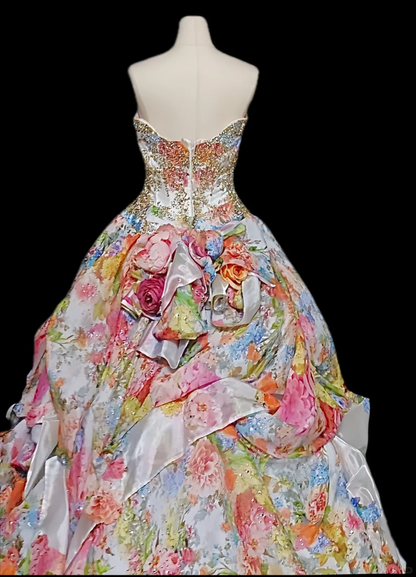 Glamorous Floral Print Strapless Sequin Ruffled Sweet 15 Quinceanera Ball Gown TP5494