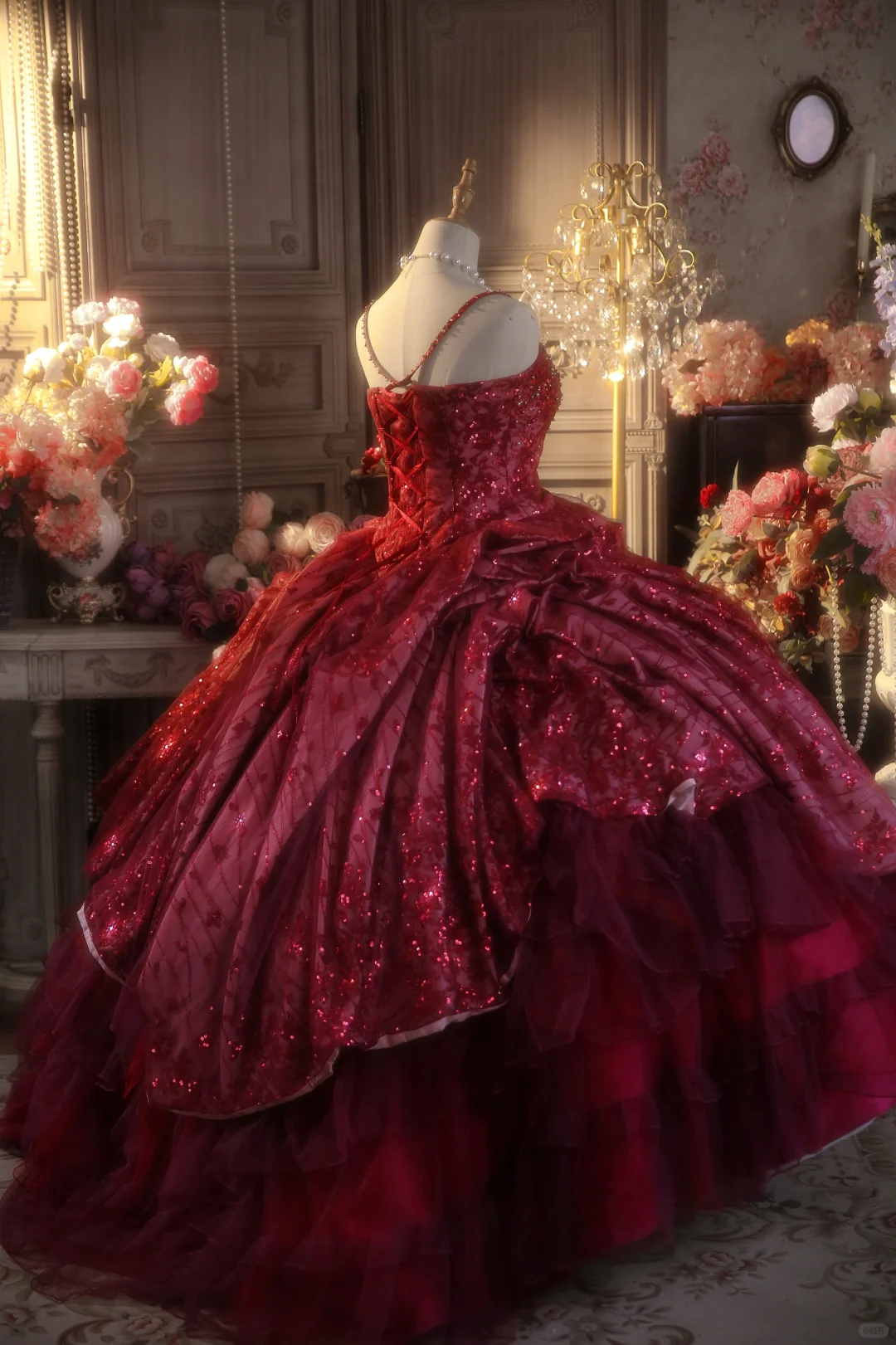 Glamorous Burgundy Sequin Ruffled Tiered Spaghetti Strap Sweet 15 Quinceanera Ball Gown TP5545