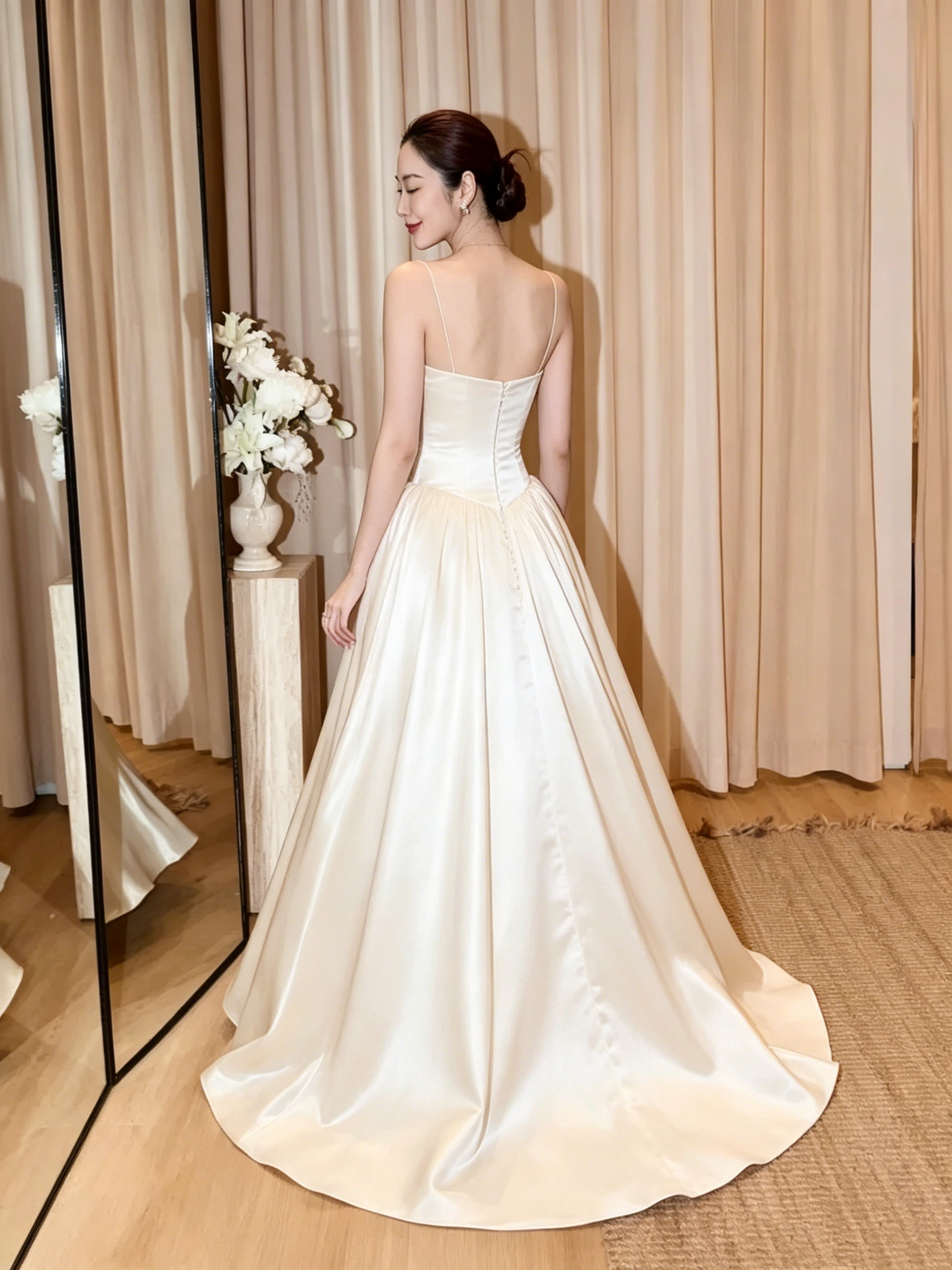 Elegant Ivory Spaghetti Strap Satin A-Line Wedding Dress TP5926