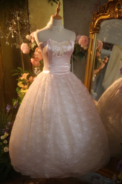 Vintage Pink Satin Strapless Sequin Bow Lace Tulle Skirt Sweet 15 Quinceanera Ball Gown TP5512