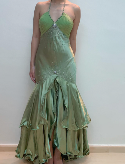 Green Vintage Beaded Long Formal Gown Evening Dress