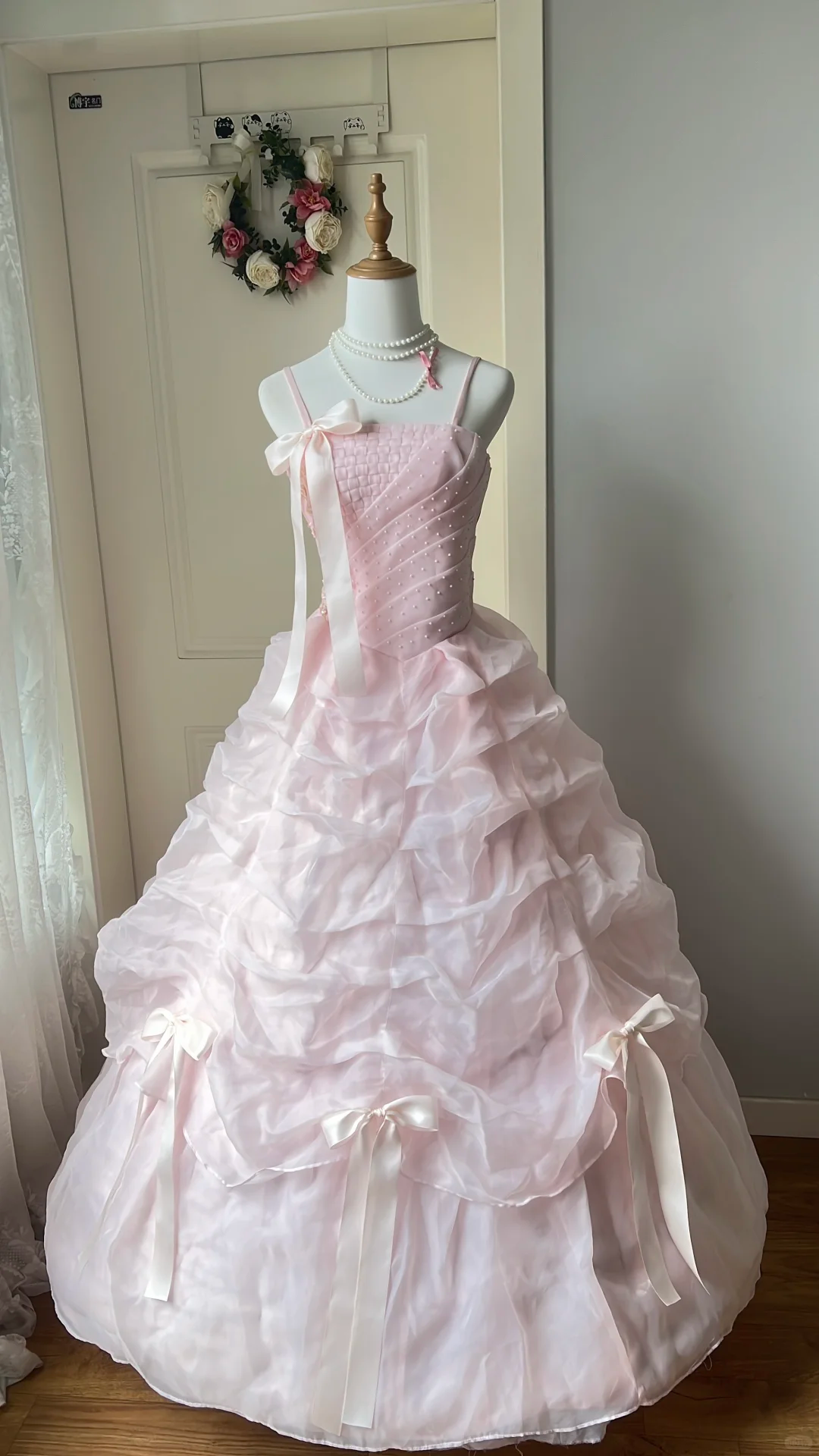 Glamorous Light Pink Bow Pearl Beaded Tiered Sweet 15 Quinceanera Ball Gown TP5828