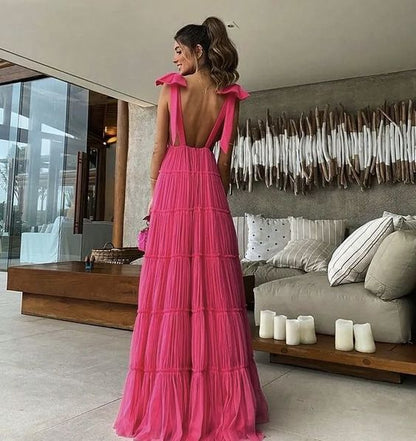 Vintage Hot Pink V-neck Prom Dress Long Pleated Evening Dress A-Line Backless Formal Dress TP4591