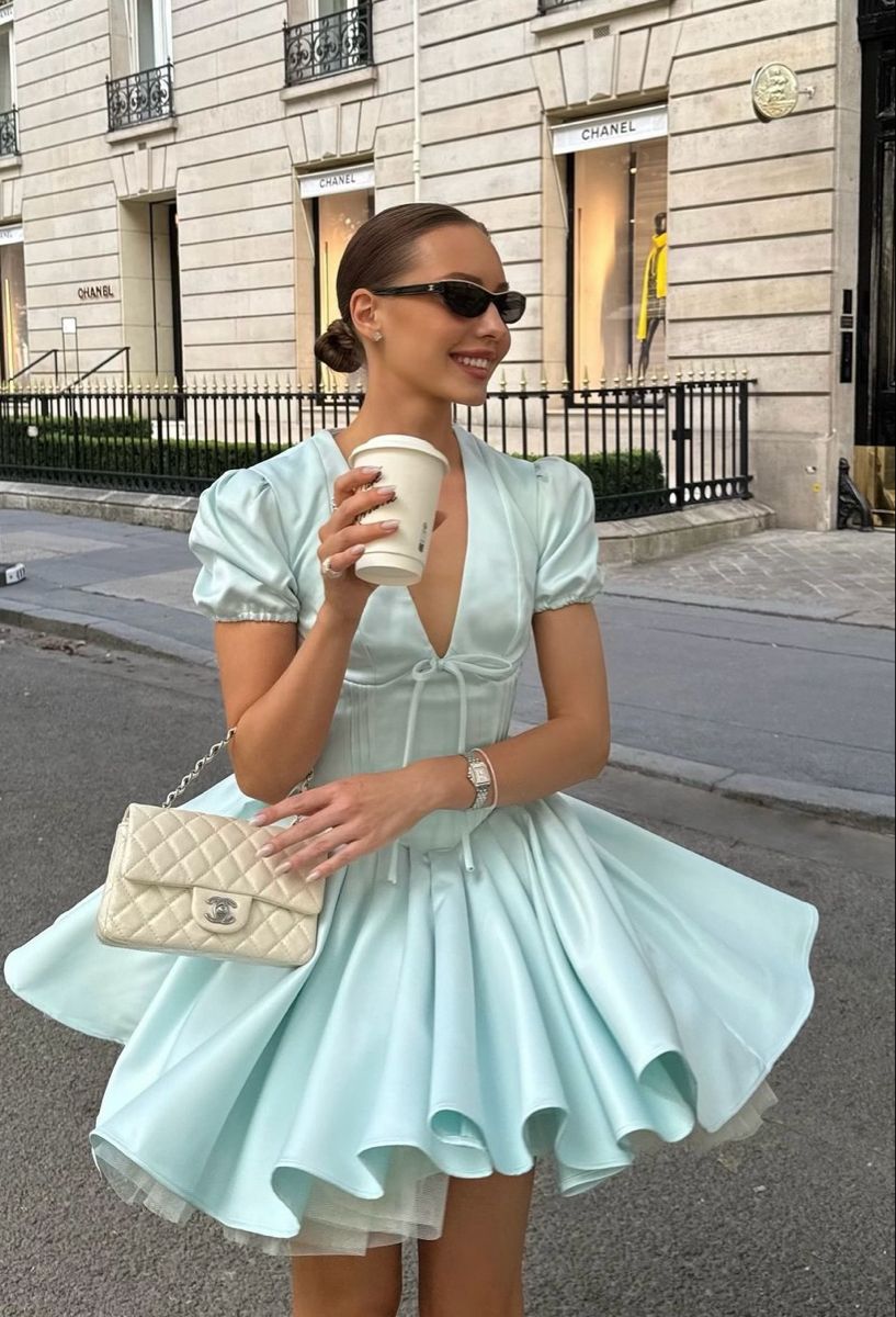 Girlhomeshops-Blue Sweet Fashion V-Neck Short Satin Homecoming Dress Birthday Party Dress gh5249