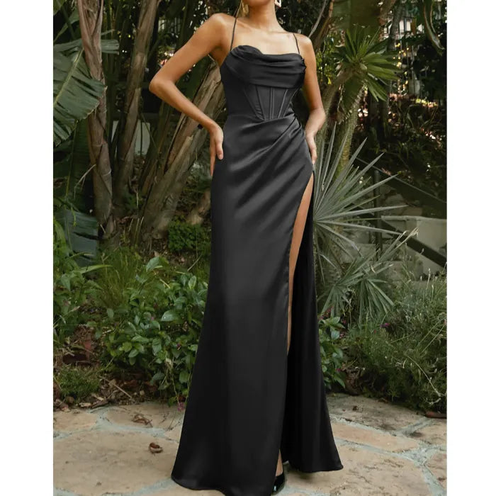 Women's solid color sexy slit off shoulder wedding prom dress